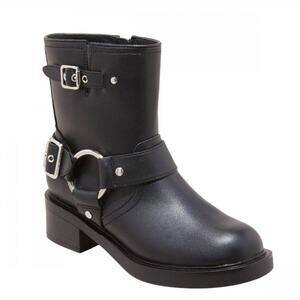 Black Conner Harness Silver Buckle Ankle Biker Boots Sz 11 Round Toe Block Heel